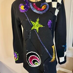Black Women's Vintage Sweater with Colorful Embellishments